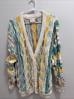 COOGI Cream, Yellow & Teal Open-Knit Button Cardigan